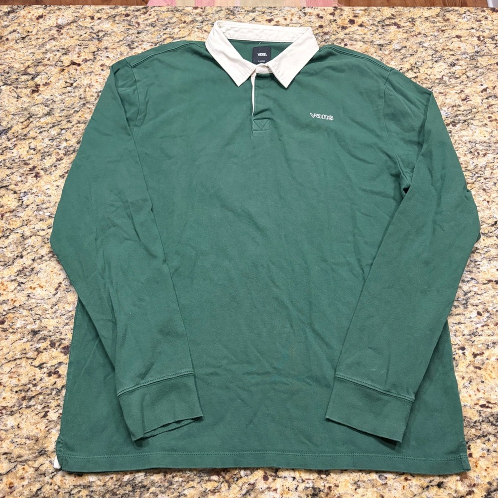 Vans Mens Rugby Shirt XL Green Long Sleeve Skateboard Embroidered Logo Polo ws